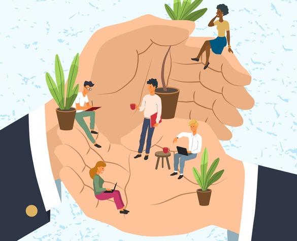 Tiny office stuffers resting and working in the giant hands. Employee care, personnel benefits, support and professional growth concept.