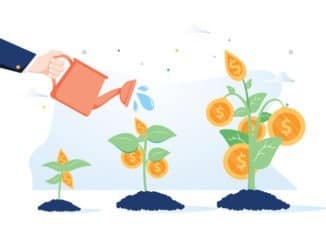 Business growth concept. Vector of a business man hand with pot watering profitable money tree.