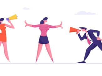 Confrontation in Business. Man and Woman Arguing and Yelling in Megaphone to Each Other. Colleague Trying to Stop Aggressive Coworkers Verbal Fight. Conflict People. Cartoon Flat Vector Illustration