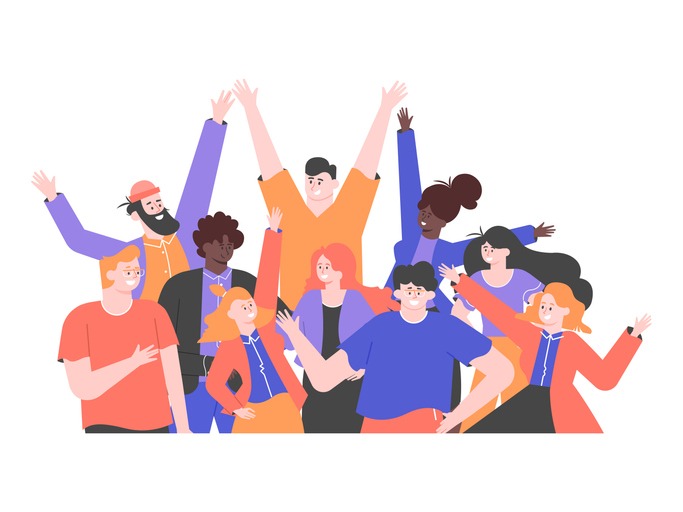Multicultural group of people is standing together. Team of colleagues, students, happy men and women. Multinational society. Friendship, teamwork and cooperation. Vector flat illustration.