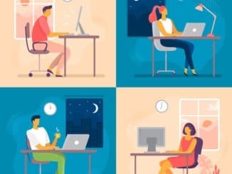 Day or night work. Working late, overtime office works and computer worker nights. Lark and owl workflow flat vector illustration