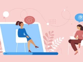 Vector illustration in flat  simple style – online psychological help and support service – psychologist and her patient having video call using modern technology app