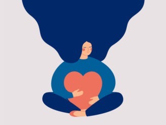 Smiling female character sits in lotus pose with closed eyes and eembraces a big red heart