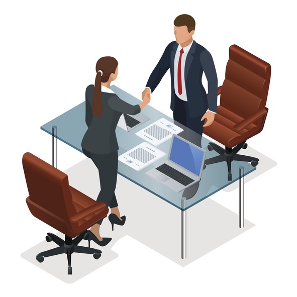 Businesspeople handshaking after negotiation or interview at office. Productive partnership concept. Constructive Business Confrontation isometric vector illustration