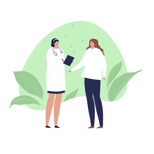 Vector modern flat doctor and patient illustration. Medic with stethoscope and female talk on green fluid shape with leaf isolated on white background. Design element healthcare, medical clinic.
