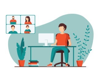 A young man is talking with colleagues using a video call. Concept of online conference from home. Remote work, webinar or distance learning. Vector illustration in a flat style.