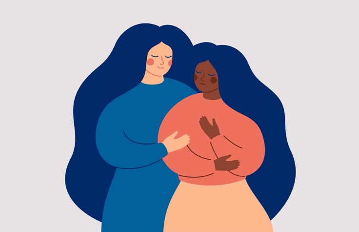Friends Support Concept. A white woman comforts her best friend who in stress and depression. A black girl is in a difficult situation and needs help.