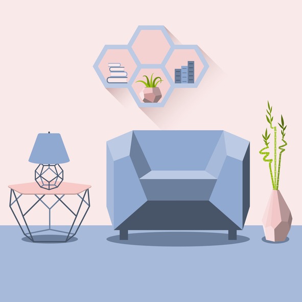 Vector illustration with sofa, luminaire and bamboo