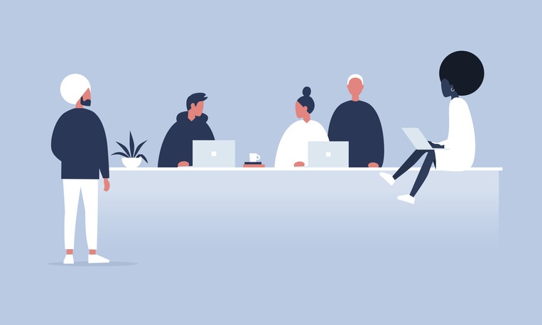 Office life. Diversity collective. Startup. Millennials at work. Generation z. Technologies. Project management. Flat editable vector illustration, clip art