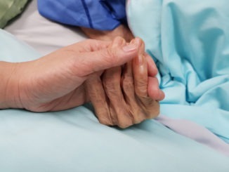Holding grandmother’s hand in the nursing care. Showing all love, empathy, helping and encouragement : healthcare in end of life and palliative concept