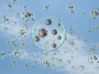 airborn virus floating aroud in droplets on blue sky background