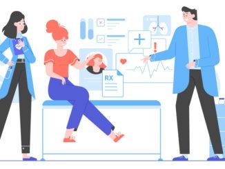 The girl at the doctor’s appointment. People in the medical office. Examination of the patient, study of medical charts and indicators, diagnosis. Treatment of the disease. Vector flat illustration.