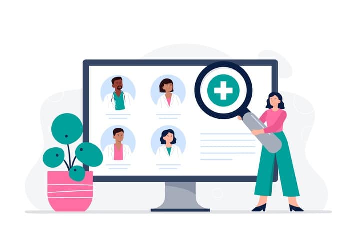 A woman is looking for a doctor for an online consultation. Online medical services, consultation and telemedicine concept. Vector flat illustration.
