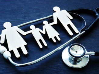 Family practices. Figures and stethoscope. Health care.