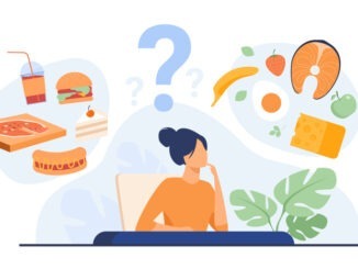 Cartoon woman choosing between healthy meal and unhealthy food
