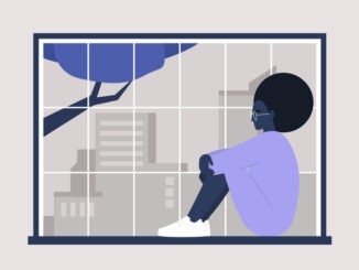 Young black female character sitting at the window,  big city panorama, millennial lifestyle