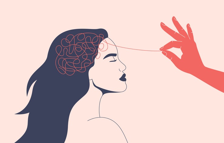 Psychotherapy or Psychology concept. Helping hand unravels the tangle of thoughts of a woman with mental disorder, anxiety and confusion mind.