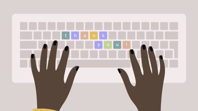 Hands typing Thank you on a keyboard, a top view illustration