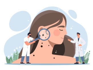 Skin Cancer concept. Doctors with magnifying glasses in their hands examine girl skin and find melanoma in form of mole. Oncology or dermatological problems.