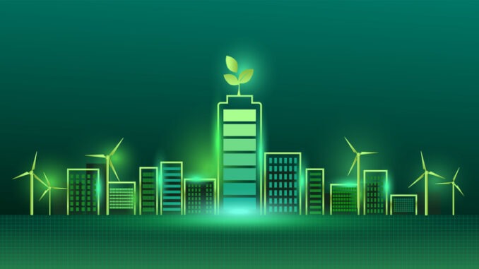 Ecology concept with green eco city background. Environment