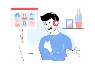 Cheerful boy in headphones studying online using laptop. Student boy sitting in front of computer showing thumbs up gesture. Distance lesson, homeschooling cartoon thin line vector illustration