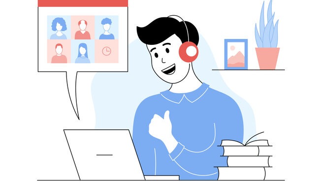 Cheerful boy in headphones studying online using laptop. Student boy sitting in front of computer showing thumbs up gesture. Distance lesson, homeschooling cartoon thin line vector illustration