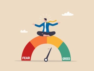 Market sentiment, fear and greed index, emotional on stock market or crypto currency trading indicator, investment risk psychology concept, businessman investor meditating on market sentiment gauge.