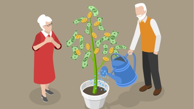 Pensioners watering money tree