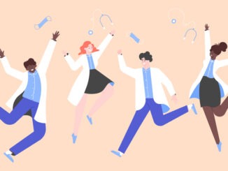 Happy multinational doctors happily jumping. People in white coats. Winners and heroes. Vector flat illustration.