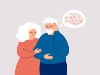 Elderly man with dementia needs help. Mature couple supports each other in the fight with amnesia and mental disorder. Memory loss concept.