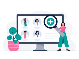 A woman is looking for a doctor for an online consultation. Search for a professional doctor. Online medical services, consultation and telemedicine concept. Vector flat illustration.