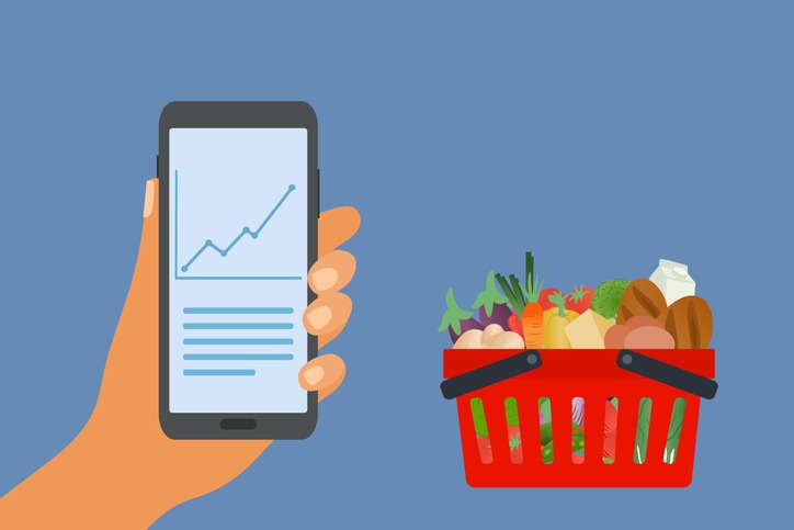 Rising Food Prices Concept With Graphs On Mobile Phone Screen And Shopping Basket
