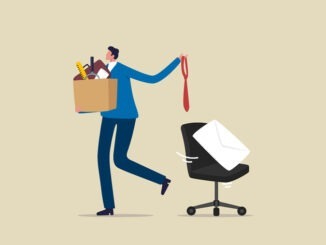Employee resign, quit or leaving company. Businessman leaving the office. Unemployed with her cardboard box walking out of the work office.