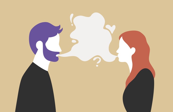 Man and woman talking with speech bubble in the middle - couple communication vector illustration