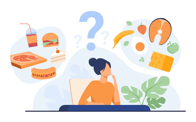Cartoon woman choosing between healthy meal and unhealthy food isolated flat vector illustration. Junk vs good diet choice. Lifestyle and nutrition concept
