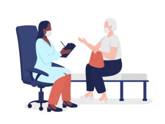 Old lady consulting with physician semi flat color vector characters