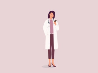 One Smiling Female Doctor In Lab Coat And Stethoscope Looking At Her Mobile Phone. Isolated On Color Background.