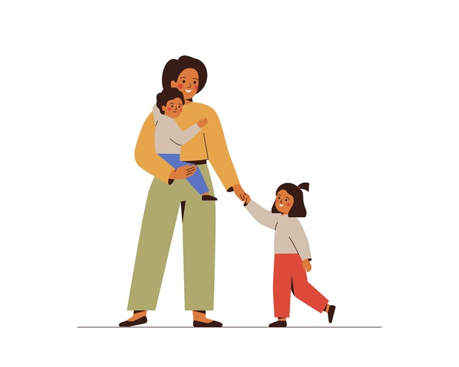 Happy Mother and her children together. Smiling Woman holding her son and daughter on hands . Maternity concept. Friendship, love and support in family. Vector illustration
