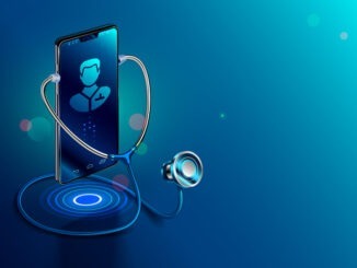 Doctor online concept. Icon Doctor through the phone screen using stethoscope checks health. Online medical clinic communication with patient. Vector isometric illustration.
