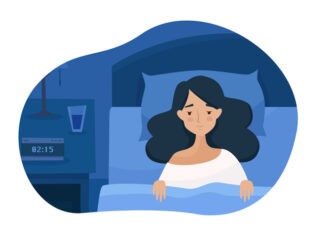 Sleepless girl suffers from insomnia. Woman in bed with open eyes in darkness night room. Flat cartoon style vector illustration.