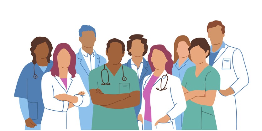 Group of doctors and nurses standing together in different poses.