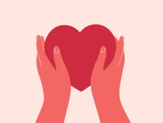 Two hands hold big red heart. Concept of love, charity, philanthropy and donation. Vector illustration