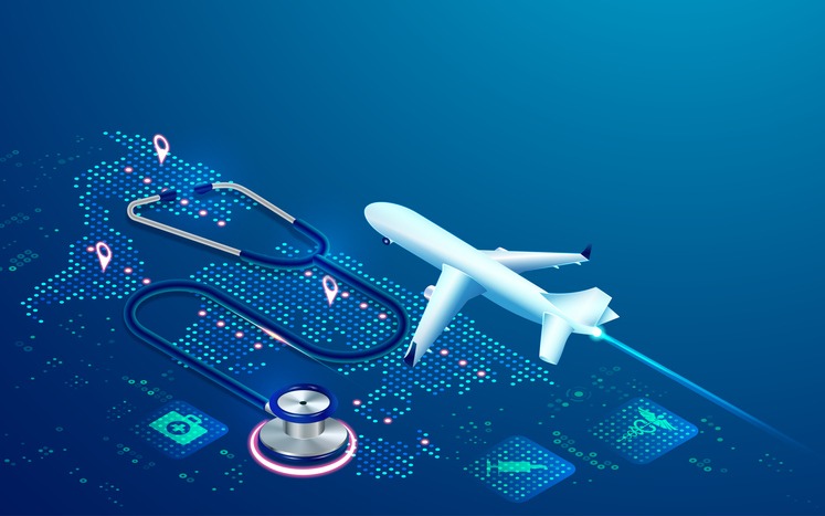 concept of medical tourism, graphic of airplane and stethoscope with medical elements presented in isometric
