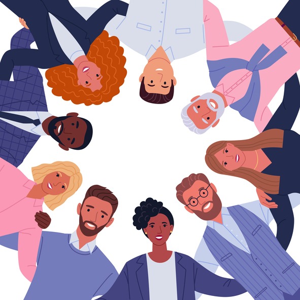 Vector illustration of diverse cartoon multinational hugging men and women in office outfits.
