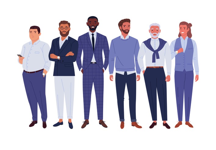 Vector illustration of diverse standing cartoon men in office outfits.
