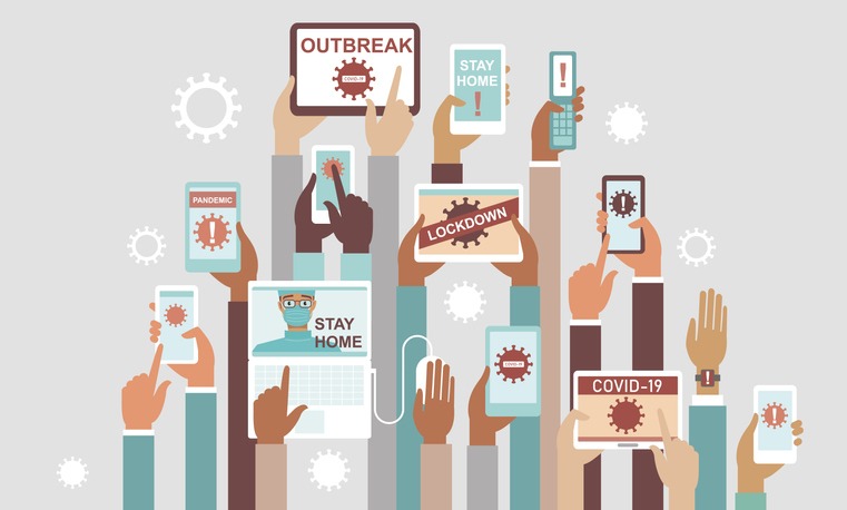 Coronavirus COVID-19 2019-nCoV disease outbreak concept. Panic in social media. Human hands holding various smart devices with coronavirus alerts on their screens. flat vector illustration