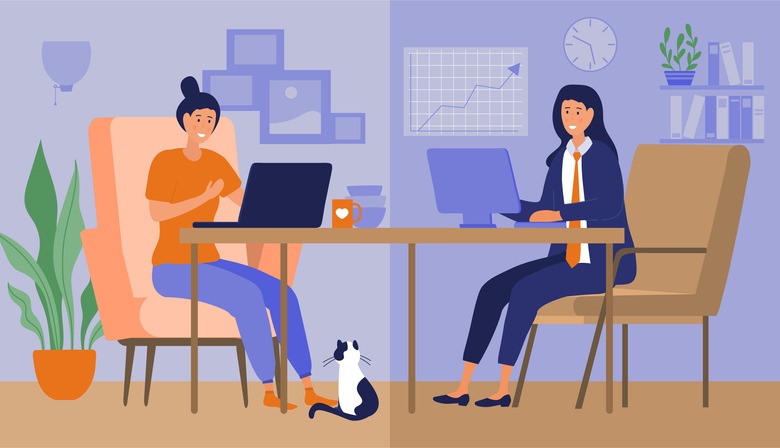 Hybrid work place. Freelancer versus office worker, remote worker and modern technology. Manager and housewife,