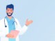 Cartoon character of doctor holding a clipboard on light blue background.