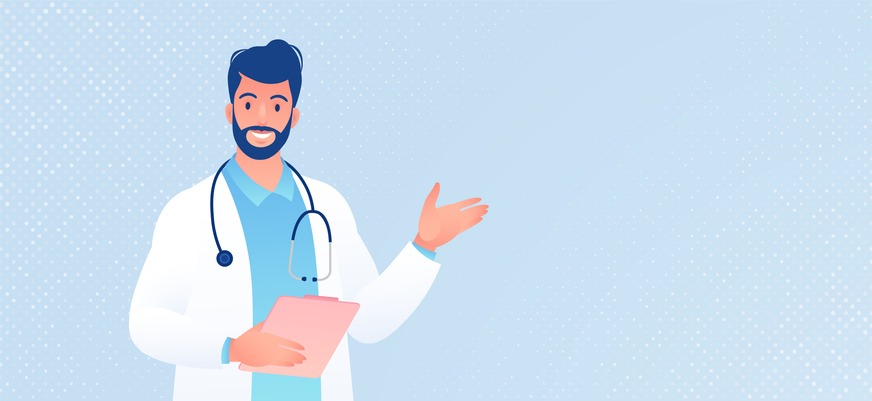 Cartoon character of doctor holding a clipboard on light blue background.