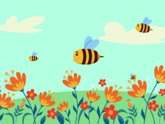 Happy comic bees flying across flower field